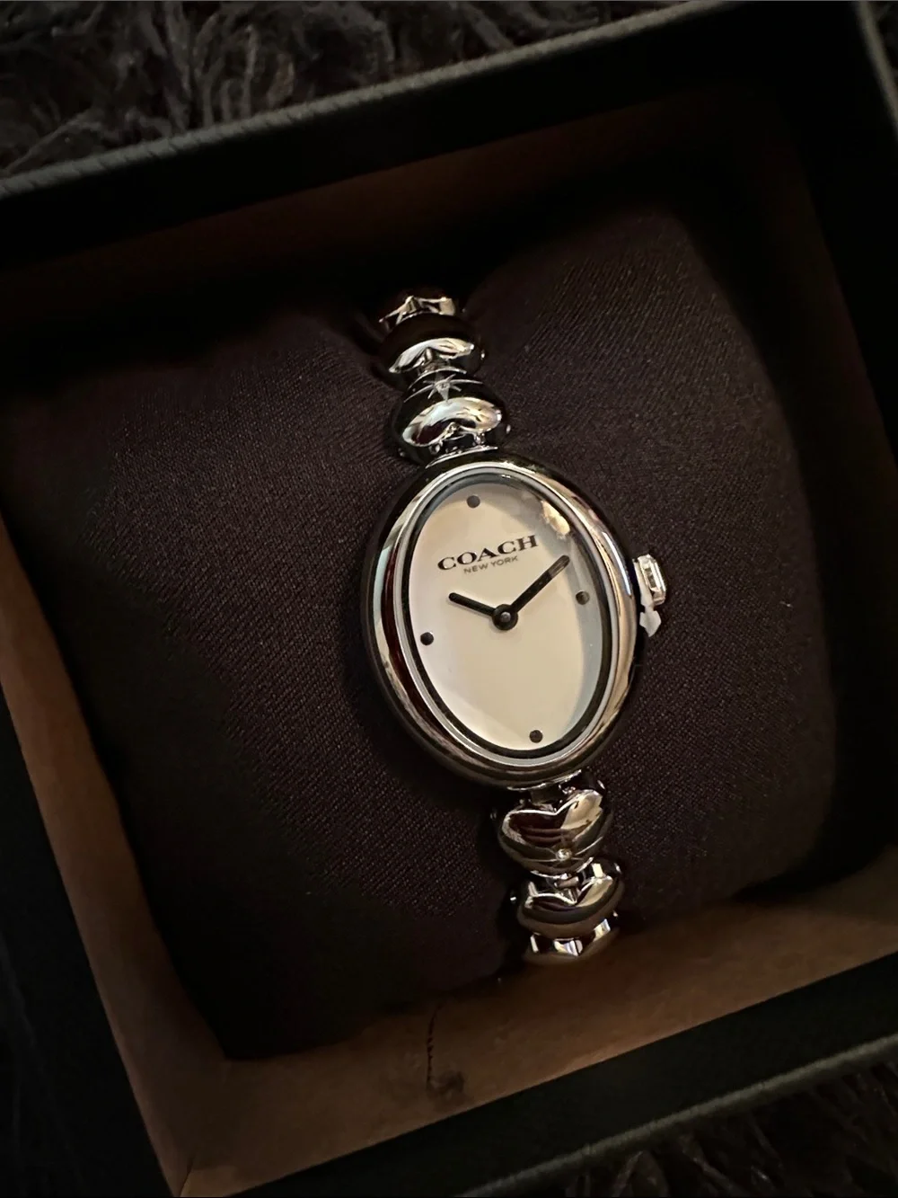 Coach Silver Heart-Link Bracelet Watch with White Dial